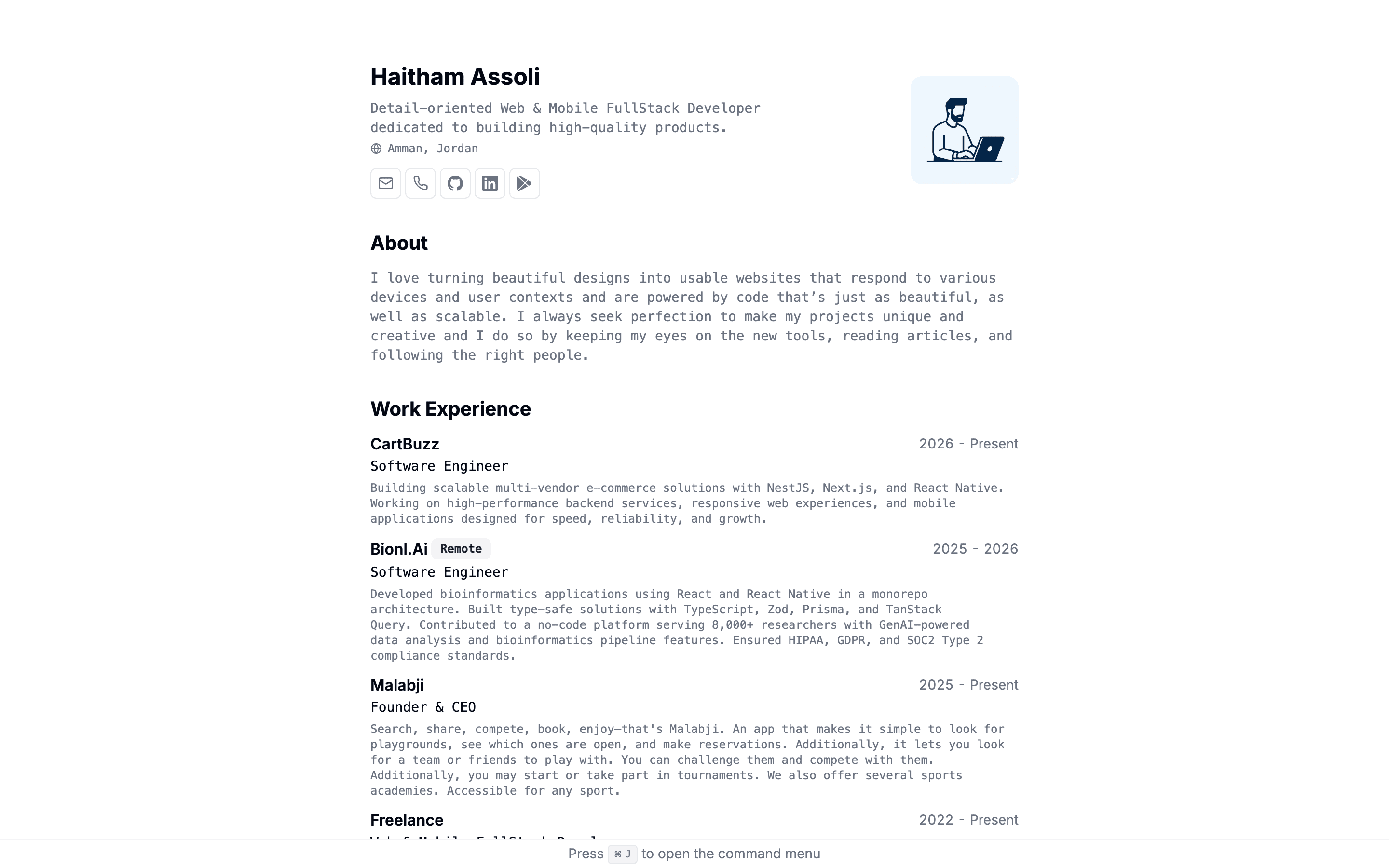cv.assoli.site: My web résumé: dense, scannable, and printable as-is.