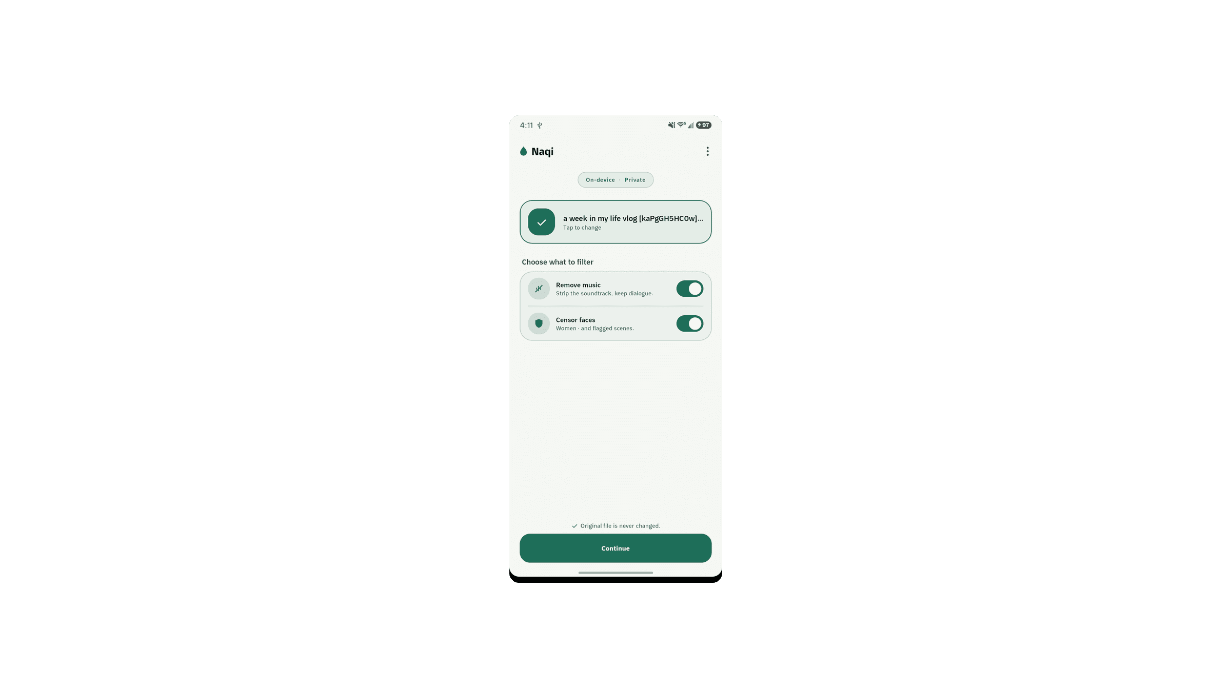 Naqi: Halal Video Filter: Strips music and censors imagery in a video, entirely on your device.